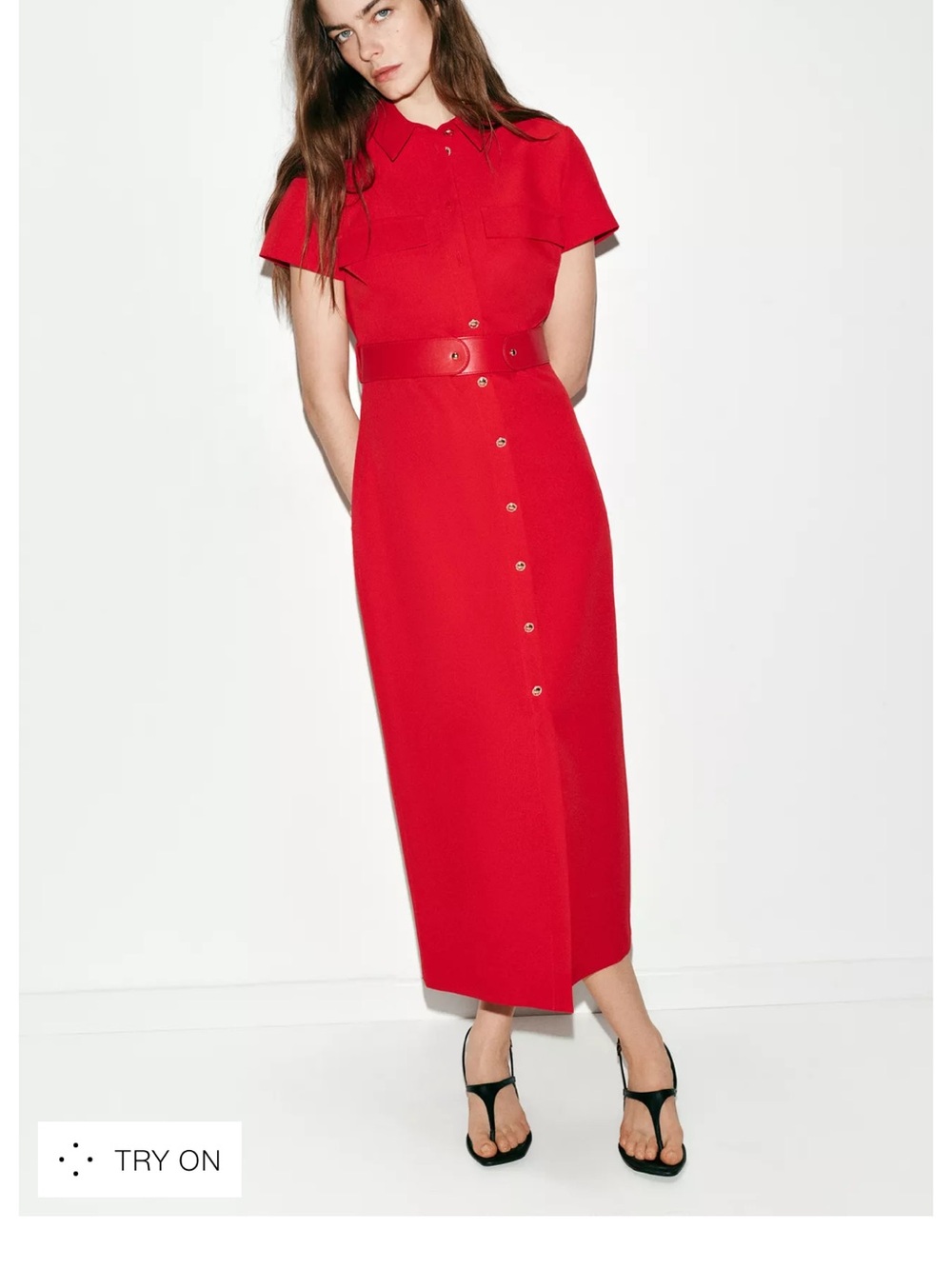 Zara Red Button-Front Midi Shirt Dress